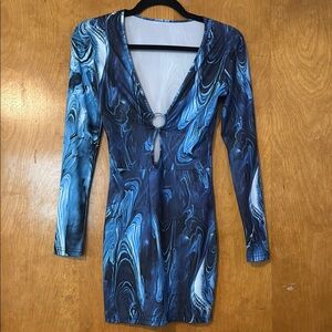 Blue Long Sleeve Plunge Bodycon Dress for Night Out